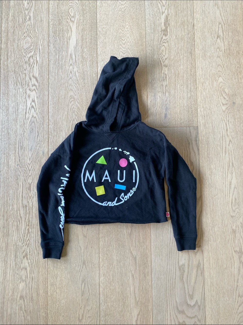 Maui and Sons Black Cropped Hoodie with Bright Geometric Logo